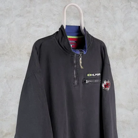 Vintage Black Tommy Hilfiger Sweatshirt 1/4 Zip Mens XL - Picture 3 of 6